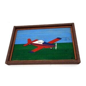 Vtg Wood Lath Art Red White & Blue Airplane Americana Folk Art 10.5X16" Signed